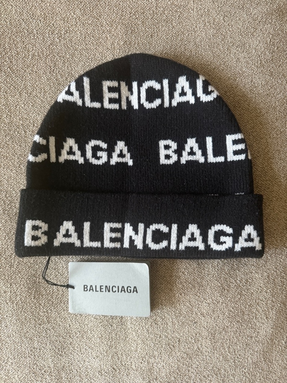 Balenciaga Black and White Logo Knit Cuff Beanie